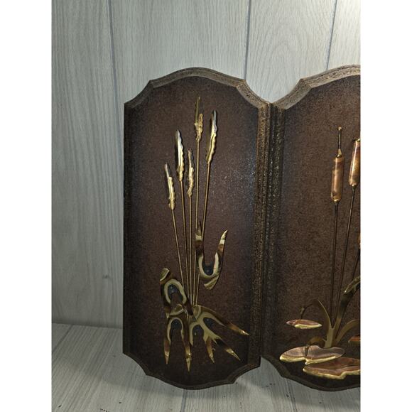 Vintage 70s Brass Wood Cattail Wall Plaques Set Of 2 Mid Century Modern - Picture 2 of 11